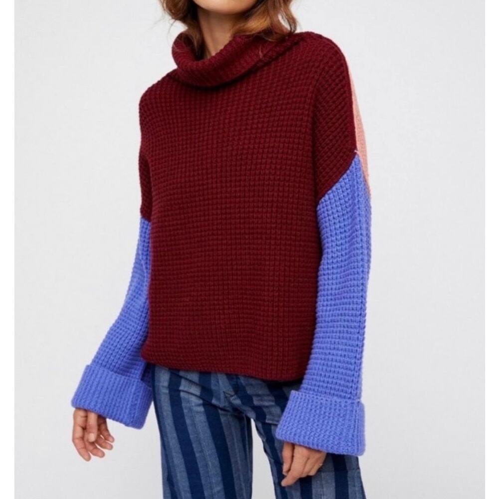 Free People Park City Color Block Knit Pullover Sweater Chunky Knit Size Large